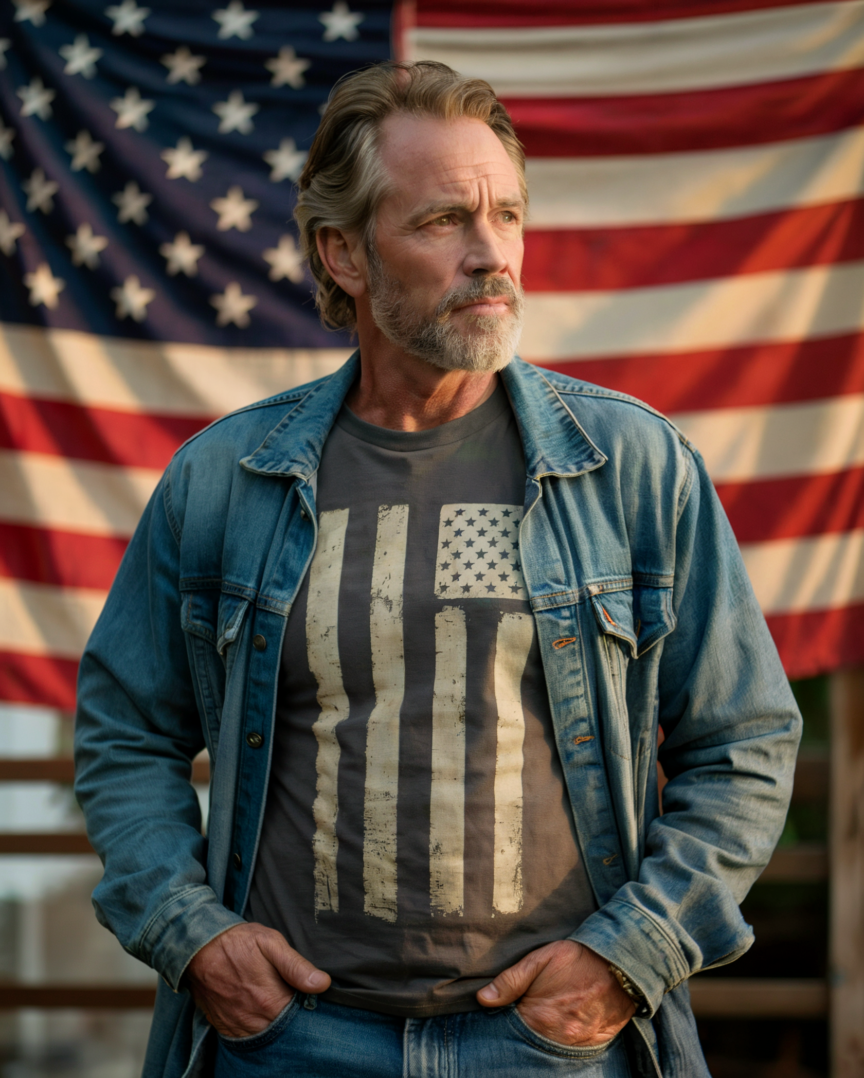 Proud American man in a denim jacket and US flag t-shirt standing in front of a large American flag