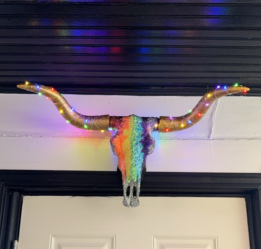 Hand-Painted Rhinestone Plaster Cow Skull with Horns - accessory