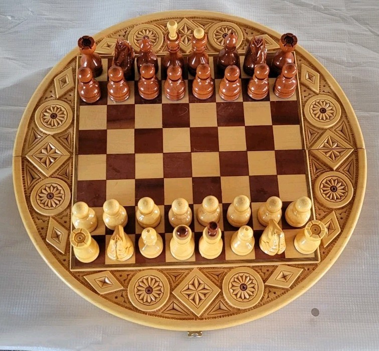 Handmade Cherry Wood Round Chess Set with Carved Detailing - accessory