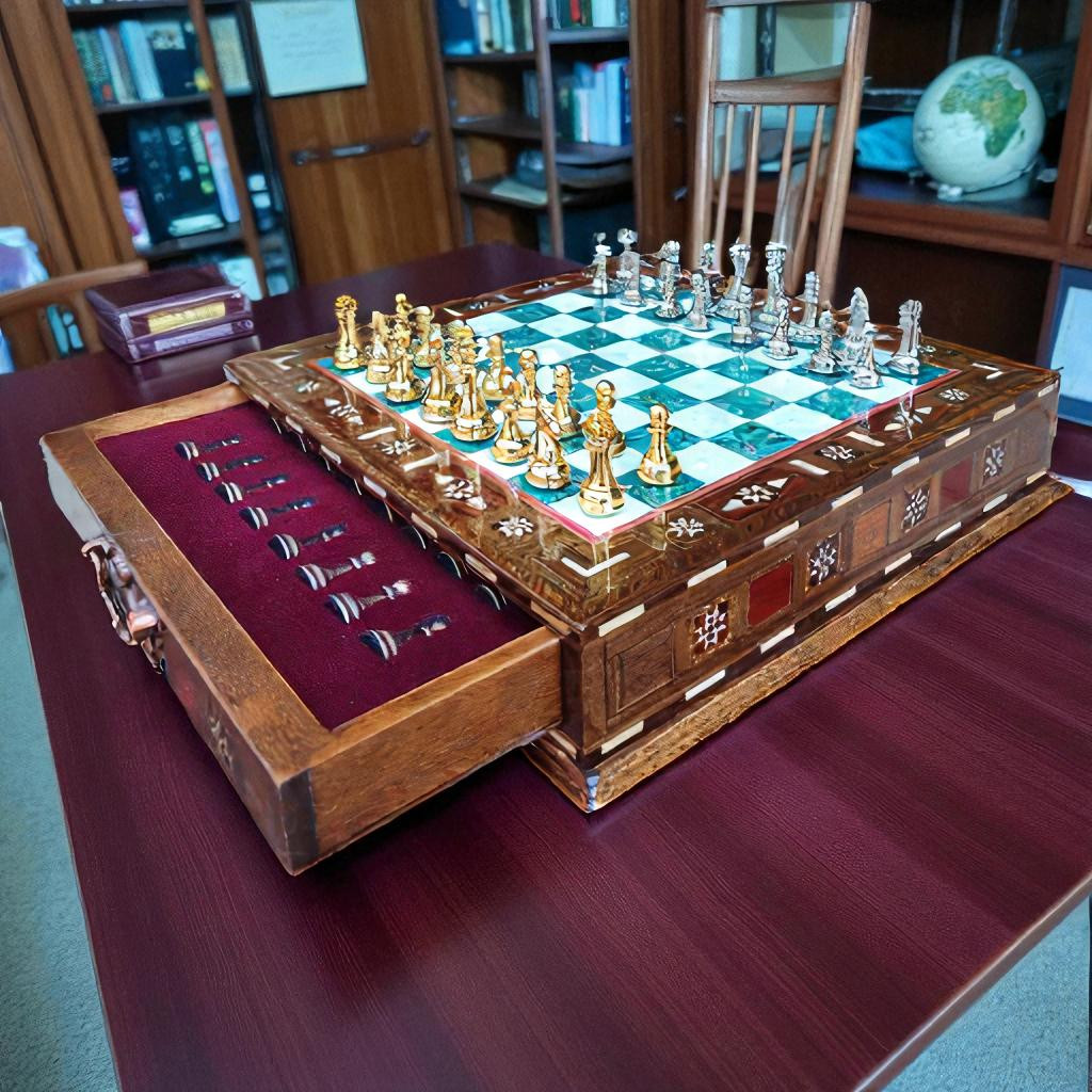 Handmade Chess Set with Storage Inlay Board and Brass Pieces - accessory