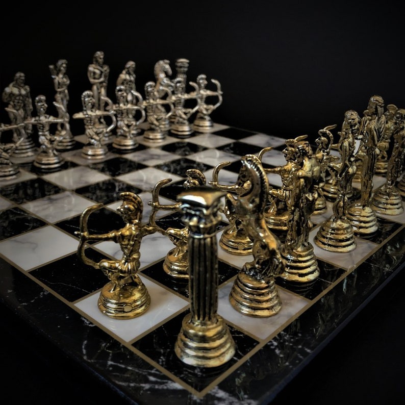 Handmade Mythology Chess Set with Wooden Board and Metal Pieces - accessory