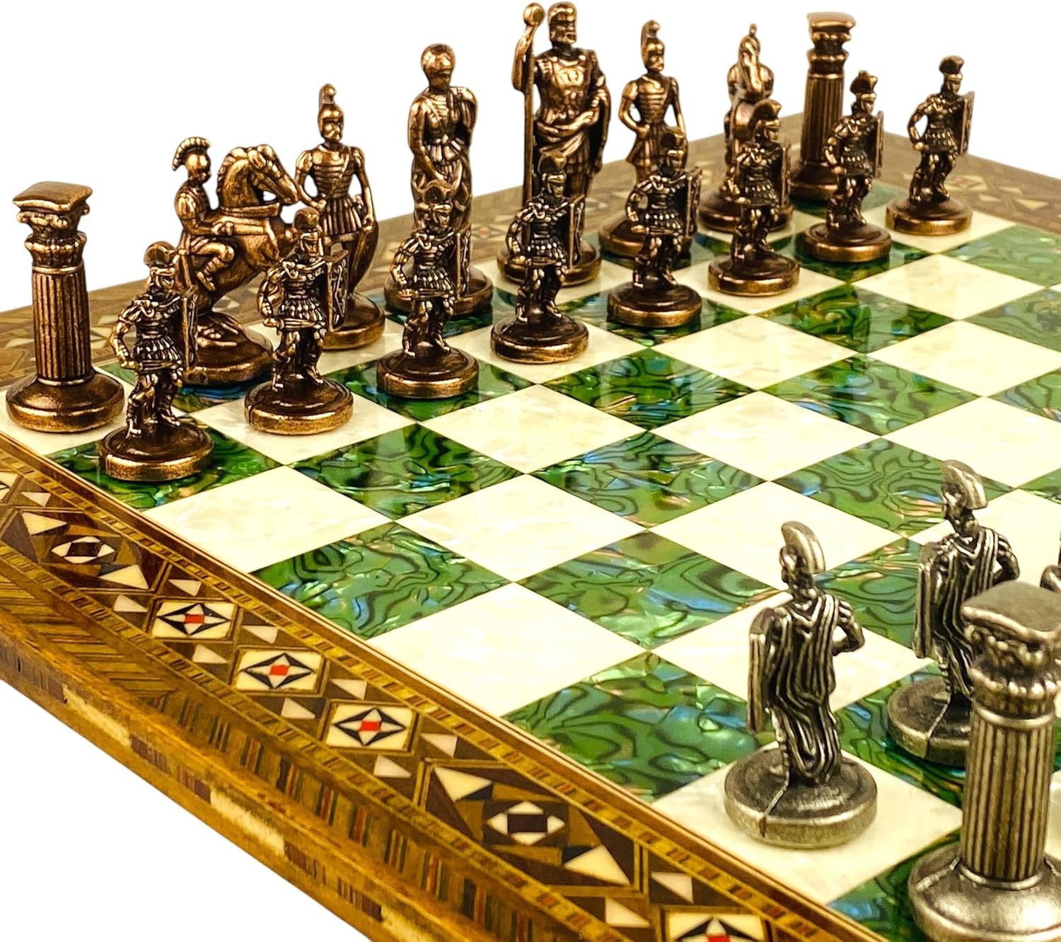 Handmade Roman Empire Chess Set with Metal Pieces and Inlaid Wood Board - accessory