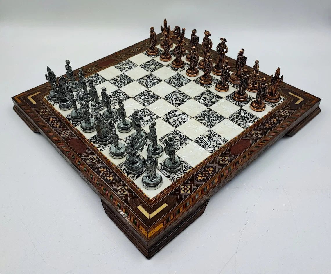 Handmade Spanish Inlaid Wooden Chess Set with Decorative Feet - accessory